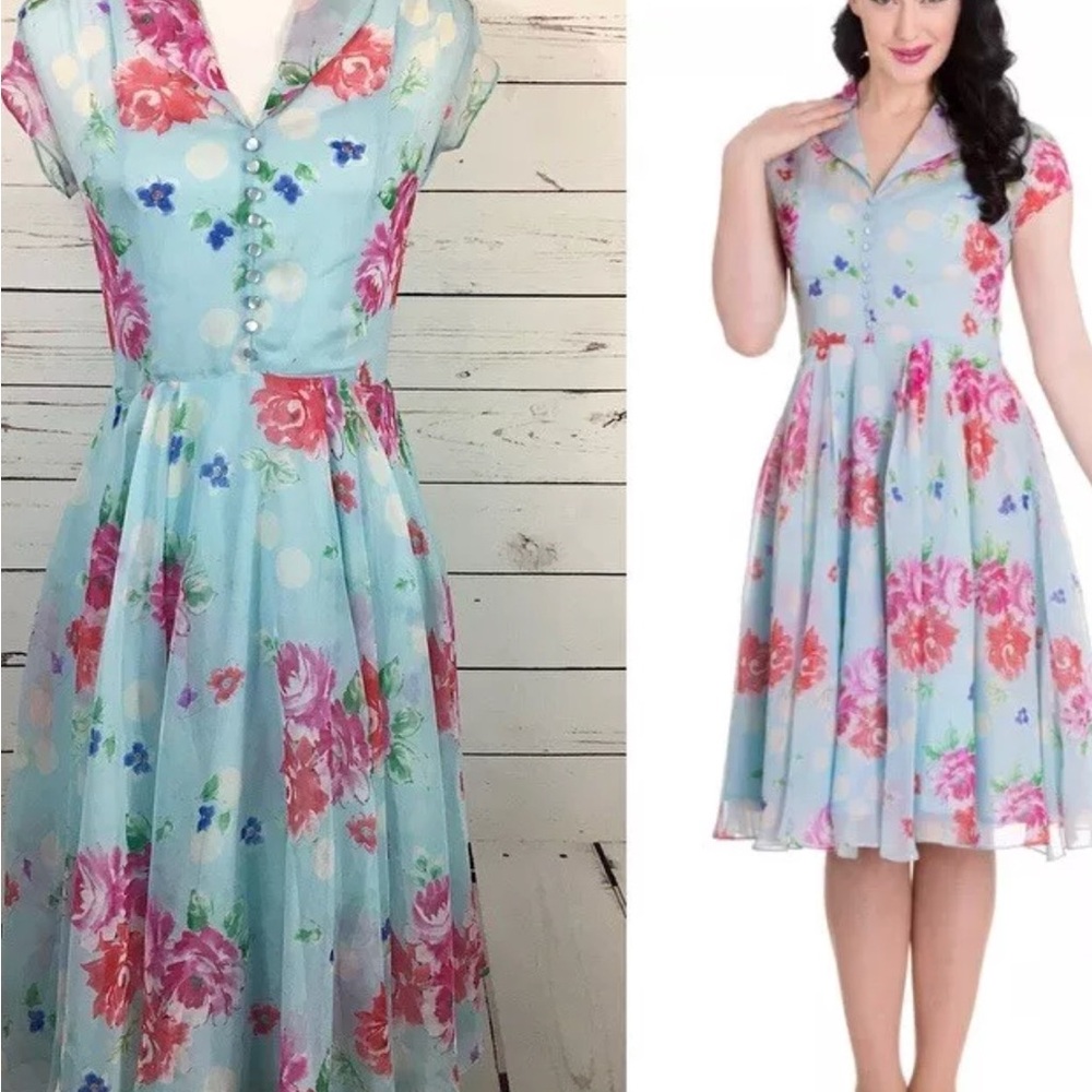 Hell Bunny Vixen 50’s style Floral Blue Dress S sz 4 full skirt
